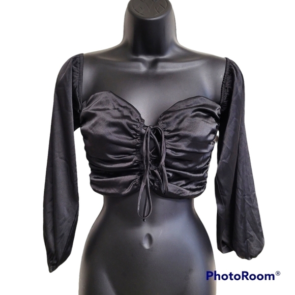 Blue Blush Black Satin Lace Up Tie Front Off The Shoulders Crop Top - Picture 1 of 10